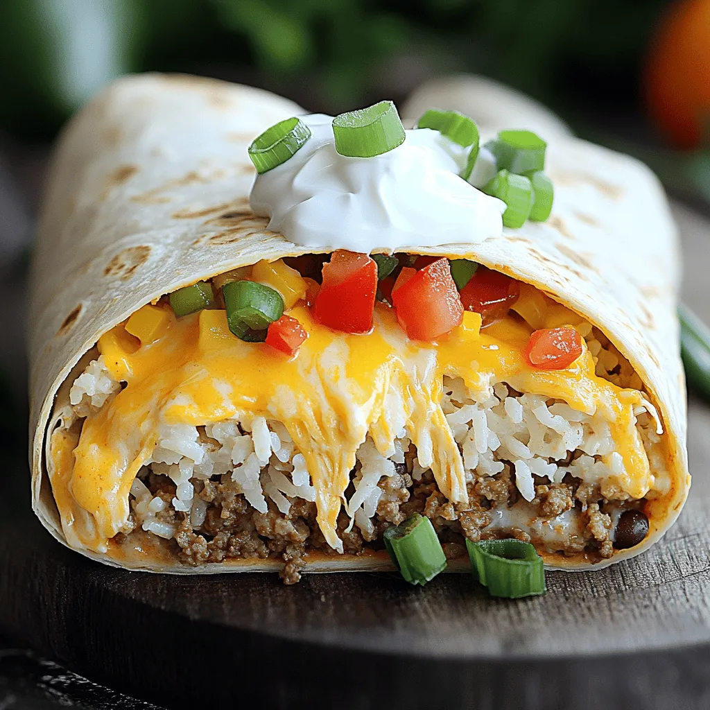 - 1 pound ground beef - 1 packet taco seasoning - 1 cup water - 1 cup shredded sharp cheddar cheese - 1 cup seasoned rice (cooked) - 1 cup refried beans - 4 large flour tortillas - 1/2 cup sour cream - 1/4 cup diced tomatoes - 1/4 cup chopped green onions - 1 tablespoon olive oil - Salt and pepper to taste