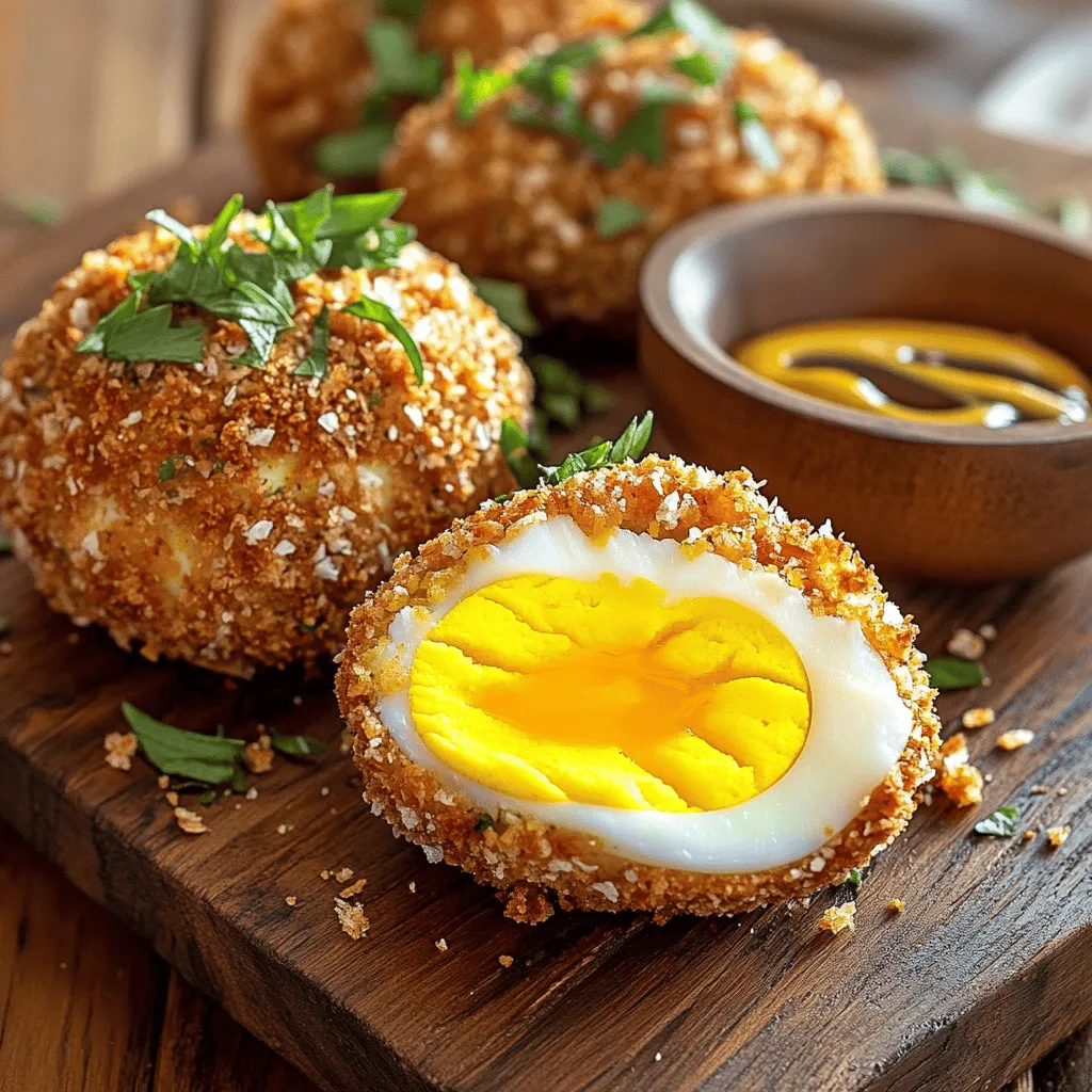 Scotch eggs are a tasty treat. They feature a hard or soft-boiled egg wrapped in sausage meat. This mix is then coated in breadcrumbs and fried. They are great for picnics or snacks. You can find them in pubs and homes all over Britain.