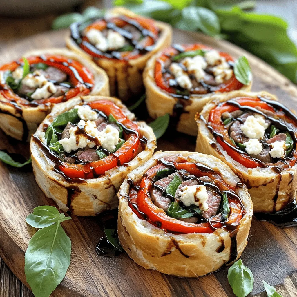 - 1 lb flank steak, thinly sliced horizontally - 1 cup roasted red peppers, sliced - 1 cup fresh spinach leaves - ½ cup goat cheese, crumbled