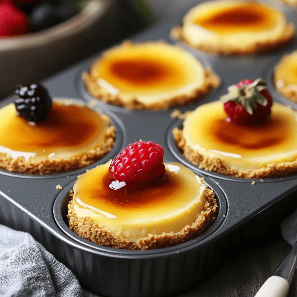 To make mini crème brûlée cheesecakes, you need a few simple ingredients. For the crust, use 1 cup of graham cracker crumbs and 1/4 cup of melted butter. For the filling, gather 16 ounces of softened cream cheese, 1/2 cup of granulated sugar, 2 large eggs, and 1 teaspoon of vanilla extract. You will also need 1/4 cup of heavy cream and 1 tablespoon of cornstarch. Finally, for the topping, have 2 tablespoons of brown sugar ready.