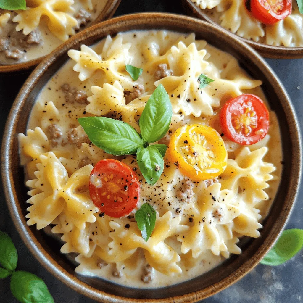 - 8 oz bowtie pasta - 1 lb ground beef - 1 cup heavy cream