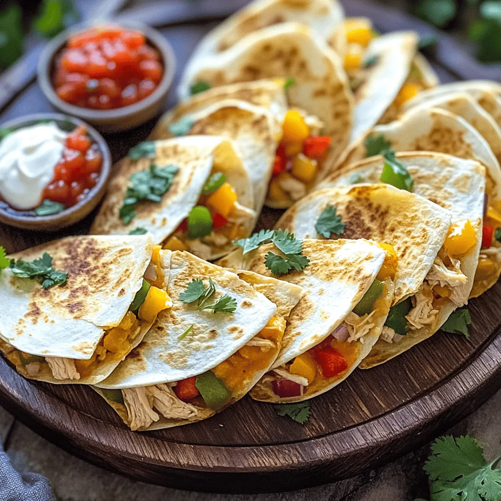 Mini chicken quesadillas are small, tasty snacks filled with chicken and cheese. They are quick to make and fun to eat. These little delights shine with their crispy outside and melty inside. The mix of flavors, like cumin, garlic, and fresh cilantro, makes them special.