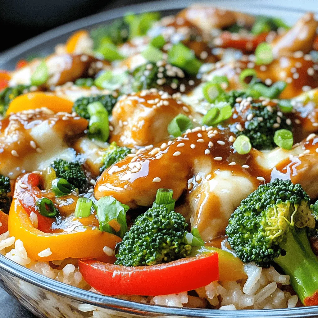 - 2 cups cooked white or jasmine rice - 1 lb boneless, skinless chicken thighs, diced - 1 cup broccoli florets - 1 cup mixed bell peppers, diced - 1 small onion, chopped - 3 cloves garlic, minced - 1 cup teriyaki sauce - 1/2 cup shredded mozzarella cheese (optional) - 2 tablespoons olive oil - 1 teaspoon sesame oil - 1/2 teaspoon ground ginger - 1/4 teaspoon black pepper - Green onions, sliced (for garnish) - Sesame seeds (for garnish)