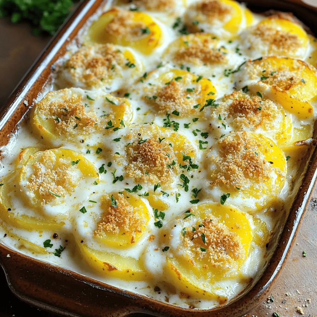 To make a great dish of gruyere scalloped potatoes, you need a few key ingredients. Gather four large russet potatoes and slice them thinly. You will also need two cups of gruyere cheese, shredded. This cheese gives the dish a rich taste. For the creamy base, prepare one cup of heavy cream and one cup of whole milk. Don’t forget two cloves of minced garlic and a teaspoon of fresh thyme. Finally, add salt, black pepper, unsalted butter, panko breadcrumbs, and some parsley for garnish.