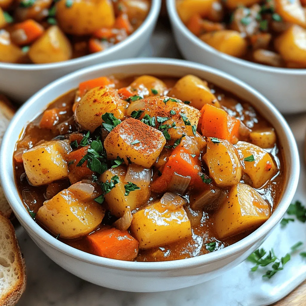 To make a great Saucy Hungarian Red Potato Goulash, you need a few key ingredients. Start with four medium red potatoes. Peel and cube them for even cooking. You also need one large onion, chopped, and two cloves of garlic, minced. A red bell pepper adds color and sweetness. Don