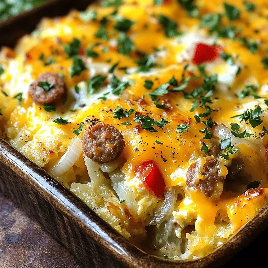 To make this tasty casserole, you need specific ingredients. Here’s what you’ll want: - 1 lb breakfast sausage (spicy or mild, your choice) - 1 medium onion, diced - 1 red bell pepper, diced - 4 cups frozen hash browns (thawed) - 8 oz cream cheese, softened - 6 large eggs - 1 cup milk - 1 teaspoon garlic powder - 1 teaspoon onion powder - Salt and pepper to taste - 2 cups shredded cheddar cheese - Fresh parsley, chopped (for garnish)