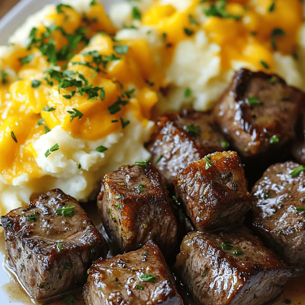 To make garlic butter steak bites and cheesy smashed potatoes, you need simple yet tasty ingredients.