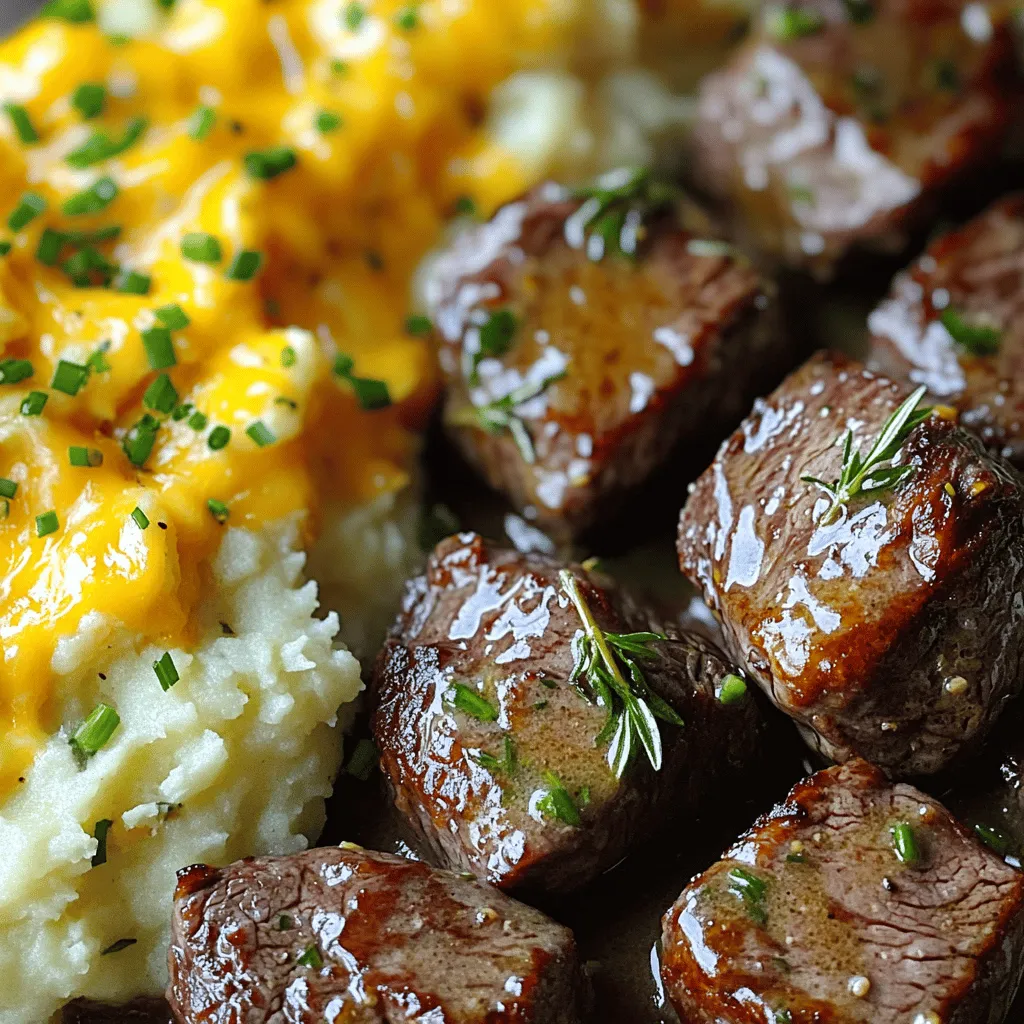 Garlic Butter Steak Bites and Cheesy Smashed Potatoes Delight