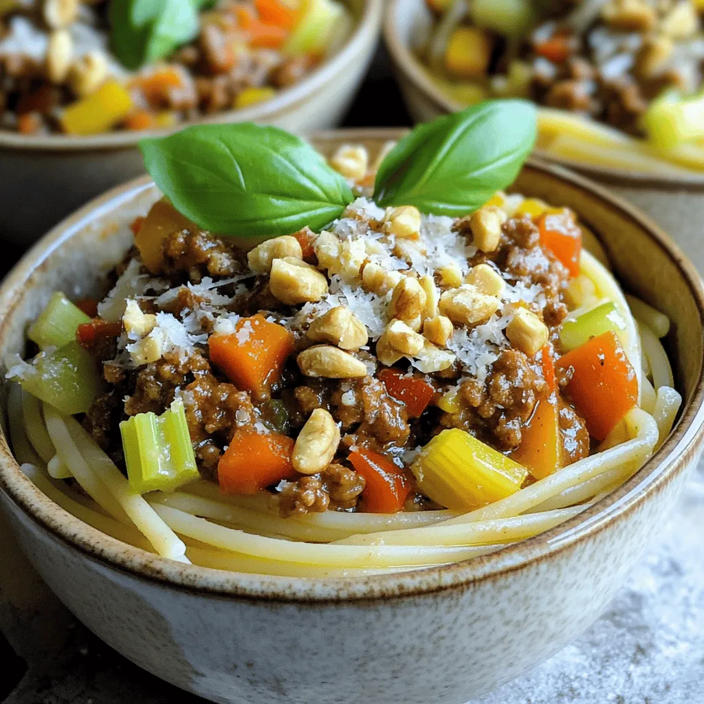 To make a tasty Walnut Bolognese, you need some key ingredients. Here’s what you’ll use: - 2 cups walnuts, finely chopped - 1 medium onion, diced - 2 cloves garlic, minced - 2 medium carrots, finely diced - 2 celery stalks, finely diced - 1 red bell pepper, diced - 1 can (14 oz) crushed tomatoes - 2 tablespoons tomato paste - 1 tablespoon soy sauce - 1 teaspoon dried basil - 1 teaspoon dried oregano - 1 teaspoon smoked paprika - 1/4 cup vegetable broth (or more if needed) - Salt and pepper to taste - 400g pasta of choice (spaghetti or penne works well) - Fresh basil leaves, for garnish - Grated Parmesan cheese or a vegan alternative, for serving (optional)
