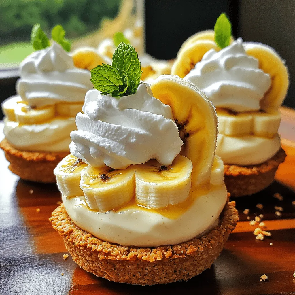 In this simple recipe, you will create tasty mini banana cream pies. Each pie has a crunchy crust, creamy filling, and fluffy whipped topping. You will love how easy it is to make these pies without baking.
