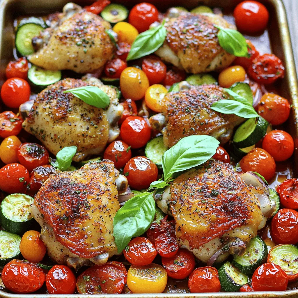 To make Tuscan garlic chicken, you need a few key ingredients. First, use 4 boneless, skinless chicken thighs. They cook evenly and stay moist. Next, gather 1 cup of cherry tomatoes, halved. Their sweetness adds great flavor. You will also need 1 zucchini, sliced, and 1 red bell pepper, sliced. These veggies bring color and nutrients to the dish. A yellow onion, sliced, adds sweetness when roasted.