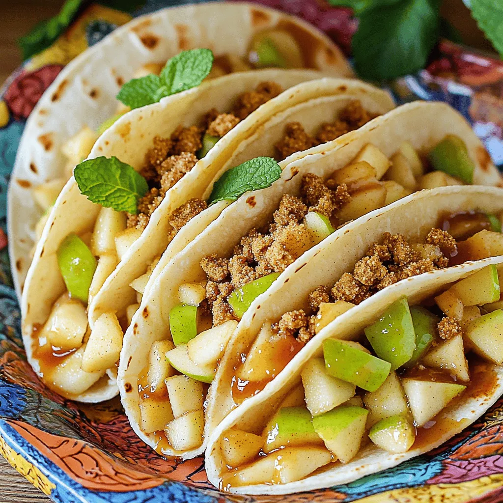 To make apple cheesecake tacos, you need a few simple steps. First, gather your ingredients. You will need one large apple, lemon juice, brown sugar, cinnamon, mini flour tortillas, cream cheese, powdered sugar, vanilla extract, whipped cream, crushed graham crackers, caramel sauce, and mint leaves. This apple cheesecake tacos recipe is easy and fun to make.