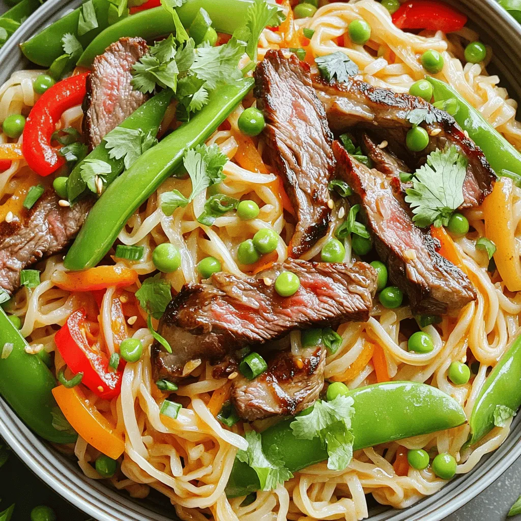 To make Garlic Butter Steak Lightning Noodles, you need simple, fresh items. First, grab 8 oz of flat rice noodles. You will also need 1 lb of sirloin steak, sliced thin. For flavor, use 4 tablespoons of unsalted butter, 5 cloves of minced garlic, and 2 tablespoons of soy sauce. You will also need 1 tablespoon of oyster sauce and 1 teaspoon of chili flakes. For color and crunch, get 1 cup of snap peas and 1 bell pepper. Finally, use 3 chopped green onions, salt, and pepper to taste. You can garnish with fresh cilantro or parsley.