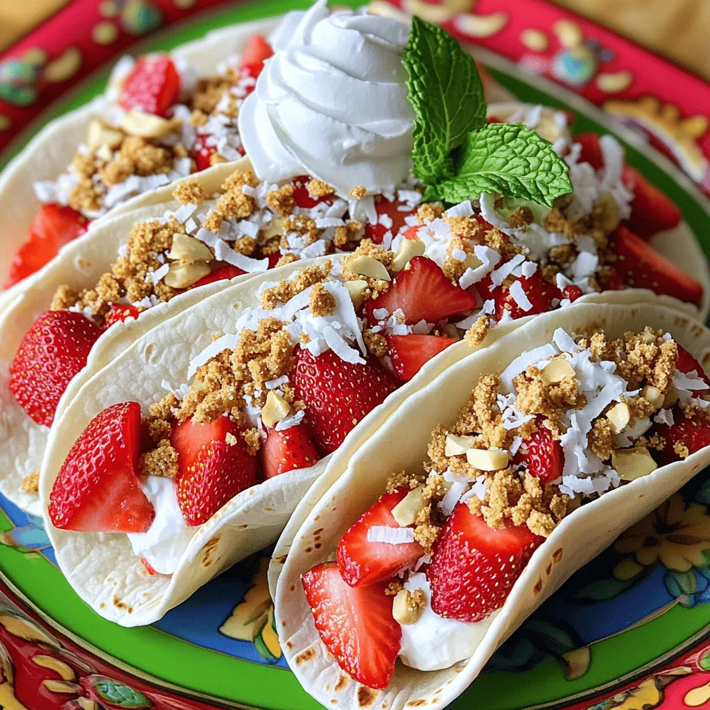 To make Strawberry Crunch Cheesecake Tacos, you need simple and fresh ingredients. This recipe combines creamy cheesecake with crunchy toppings, all wrapped in a soft tortilla.