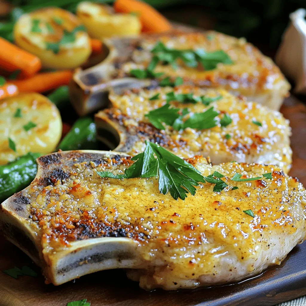 To create perfect Garlic Parmesan Pork Chops, you will need: - 4 bone-in pork chops (1 inch thick) - 4 tablespoons unsalted butter, melted - 4 cloves garlic, minced - 1 cup grated Parmesan cheese - 1 teaspoon dried oregano - 1 teaspoon dried thyme - 1 teaspoon paprika - Salt and pepper to taste - Fresh parsley, chopped, for garnish