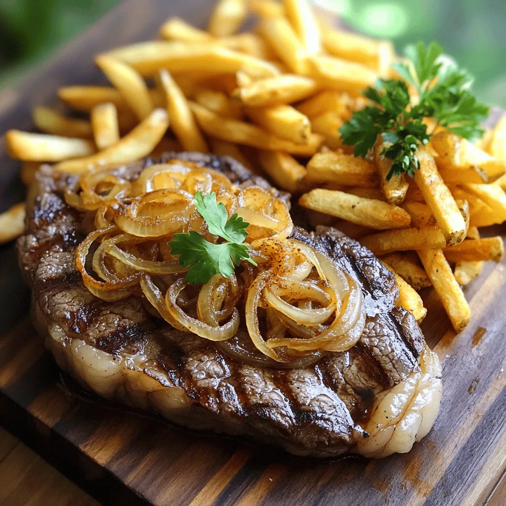 Ribeye Steak with French Onions and French Fries Delight