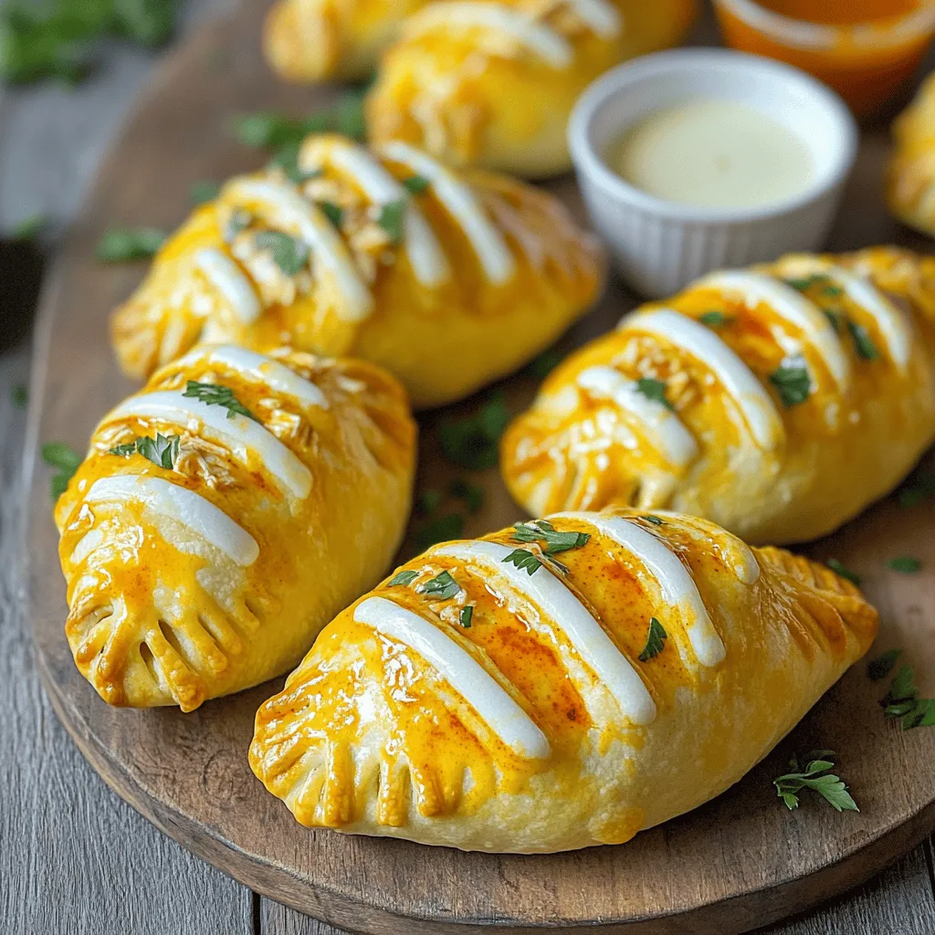 To make Mini Football Buffalo Chicken Calzones, you need a few key items. Start with 2 cups of cooked shredded chicken. This is the main star of the dish. Next, grab ½ cup of buffalo sauce. Adjust this amount based on how spicy you want your calzones. You will also need 1 cup of shredded mozzarella cheese for that melty goodness. If you like blue cheese, add ½ cup of blue cheese crumbles. This adds extra flavor. For the dough, use 1 cup of pizza dough, which can be store-bought or homemade. Finally, get 1 egg for the egg wash, 2 tablespoons of olive oil, ½ teaspoon of garlic powder, and some salt and pepper for taste. Fresh parsley can be used as a garnish, but it’s optional.