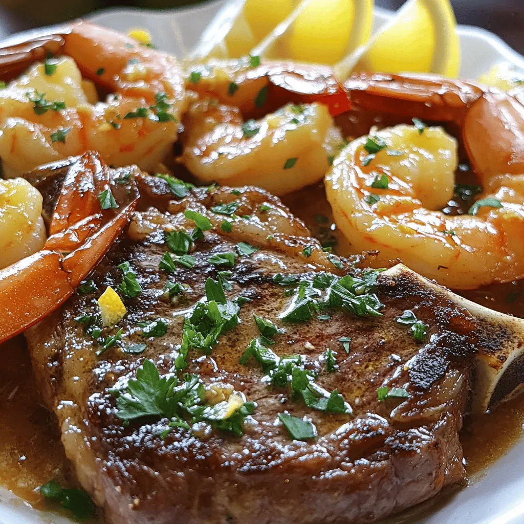 - 2 ribeye steaks (about 1 inch thick) - 1 lb large shrimp, peeled and deveined - 4 tablespoons unsalted butter