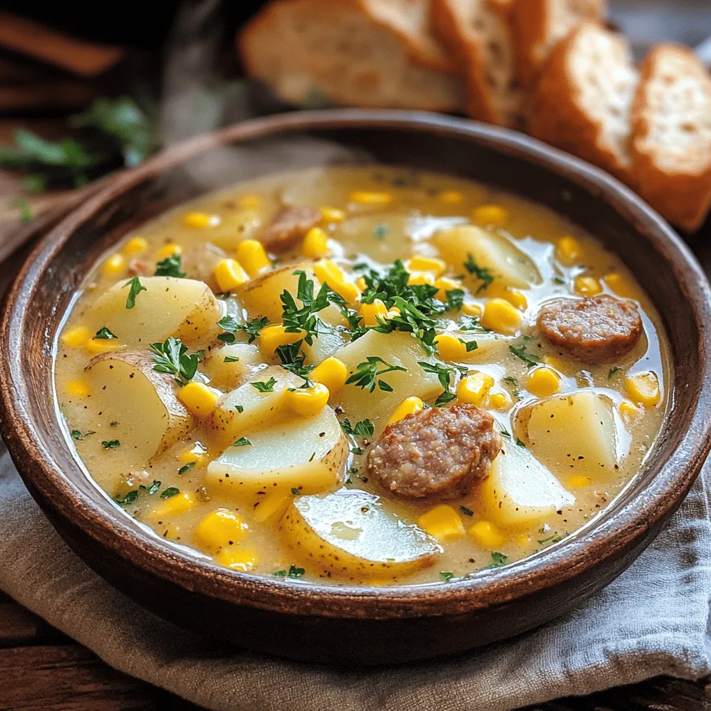 - 4 medium potatoes, peeled and diced - 1 pound smoked sausage (such as kielbasa), sliced - 1 medium onion, chopped - 3 cloves garlic, minced - 4 cups chicken broth - 1 cup heavy cream - 2 cups corn (fresh or frozen) - 2 tablespoons olive oil - 1 teaspoon dried thyme - Salt and pepper to taste - Fresh parsley, chopped (for garnish)