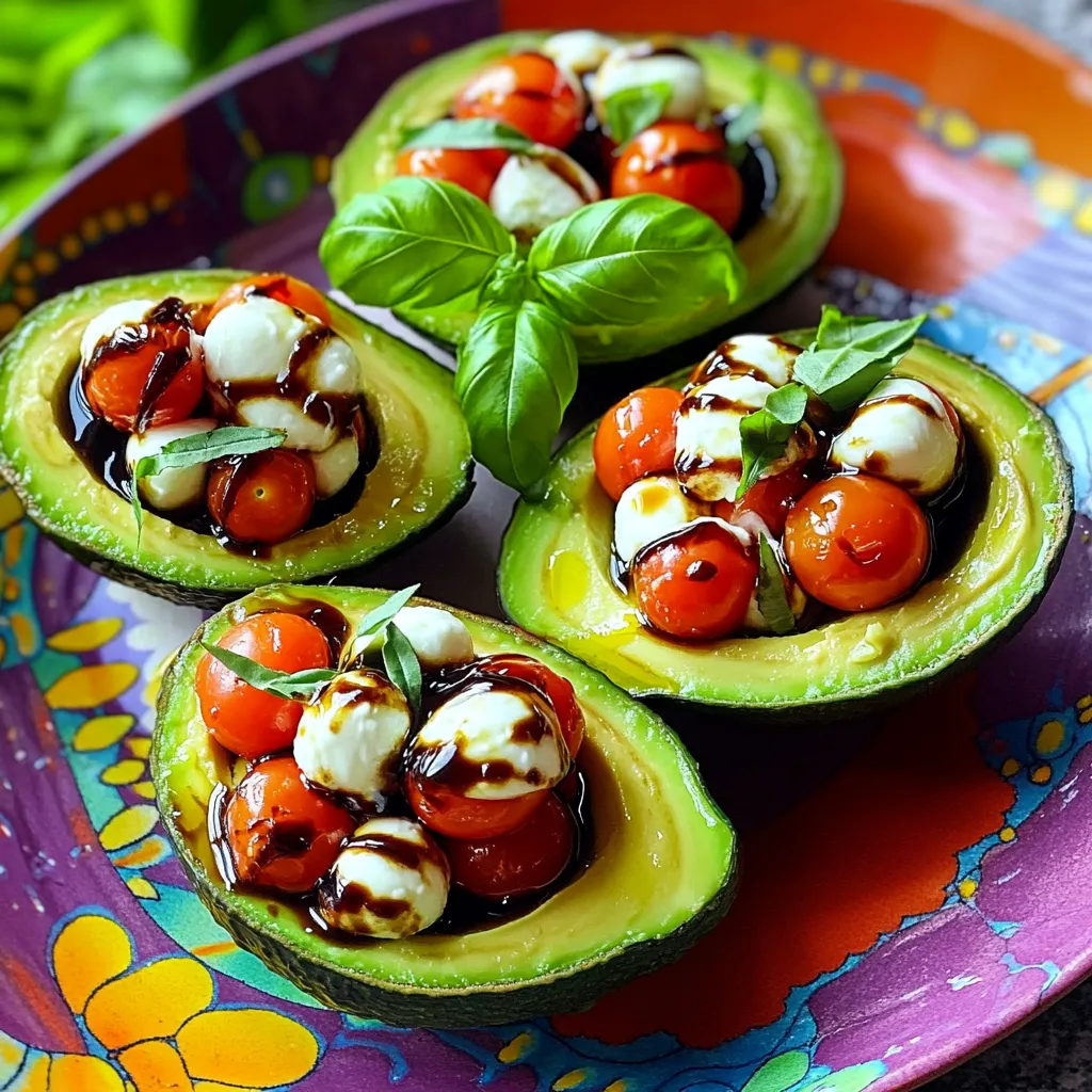 The caprese stuffed avocado recipe shines with fresh, simple ingredients. You need ripe avocados, cherry tomatoes, mozzarella balls, and fresh basil. Each item adds its own flavor.