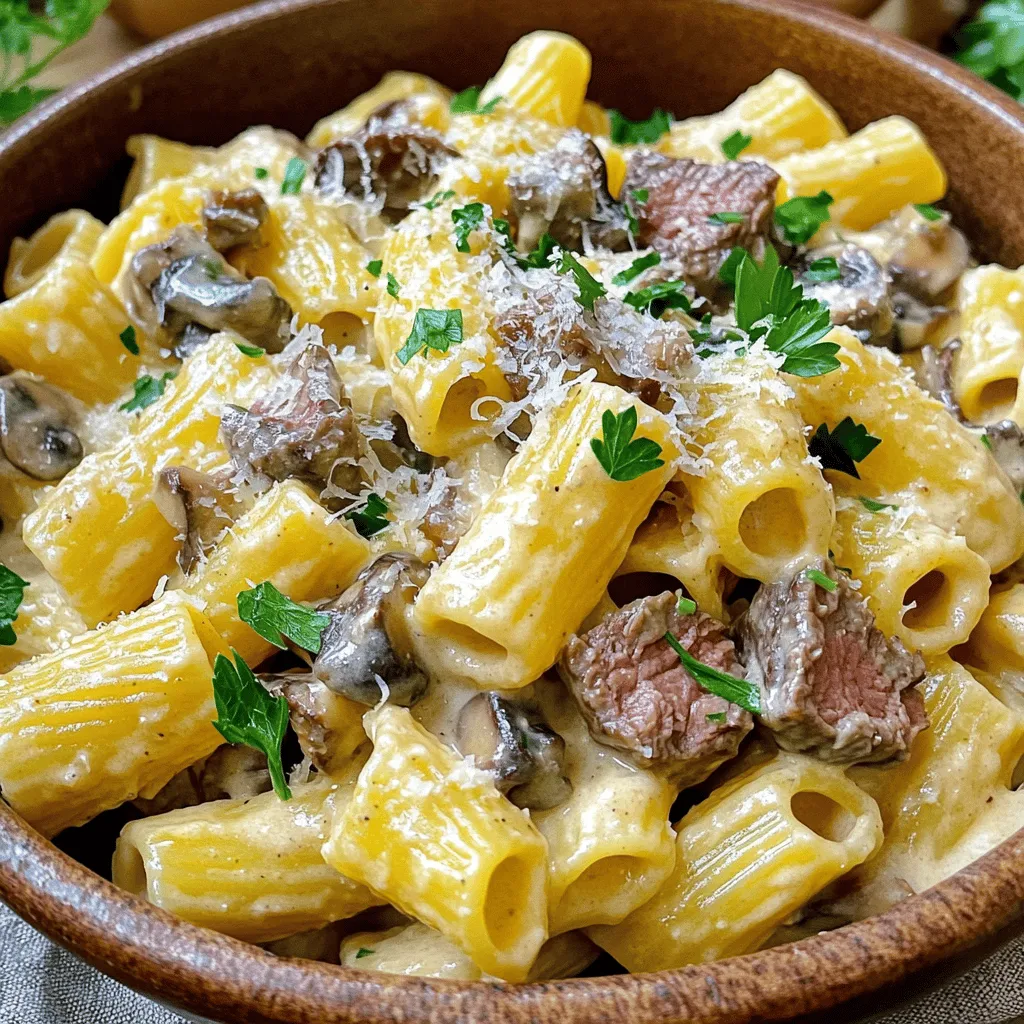 The main ingredients for creamy steak and mushroom rigatoni bring rich flavors together. First, you need rigatoni pasta. This pasta holds sauce well and gives a nice bite. Next, sirloin steak is perfect. It cooks quickly and stays tender. You can cut it into small pieces for easy eating.
