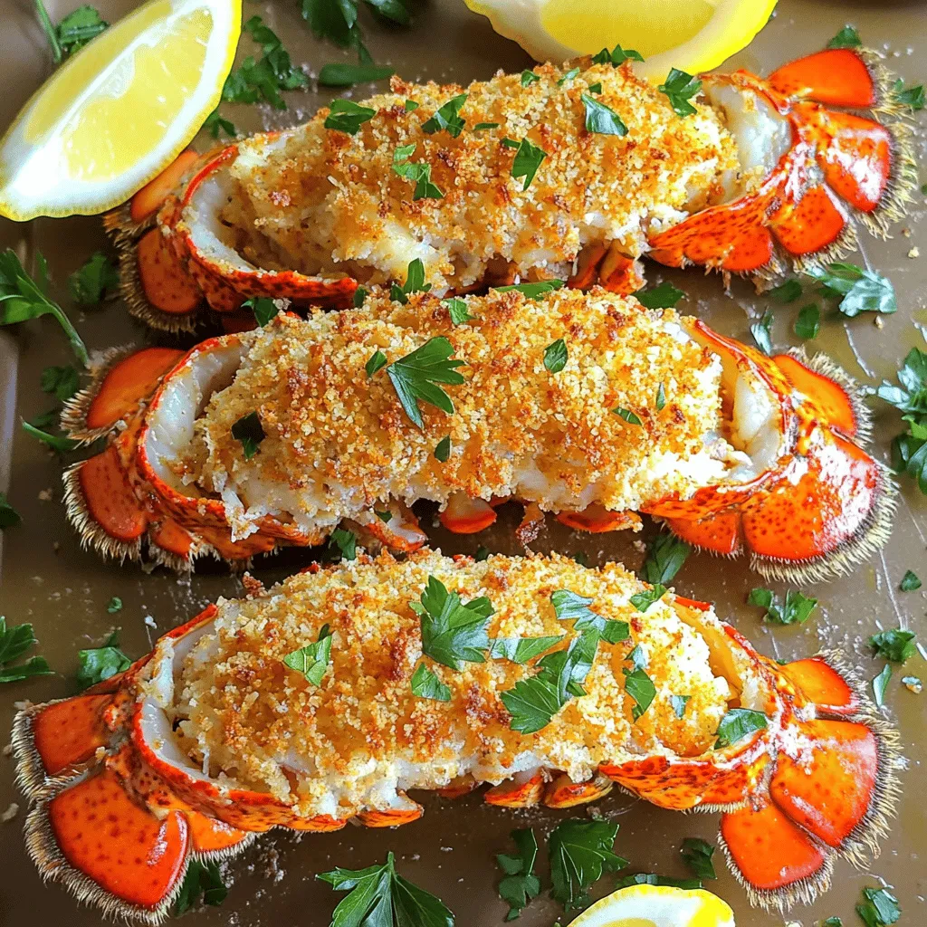 - 2 large lobster tails - 1 cup fresh crab meat - 1/2 cup breadcrumbs (preferably panko) - 1/4 cup grated Parmesan cheese