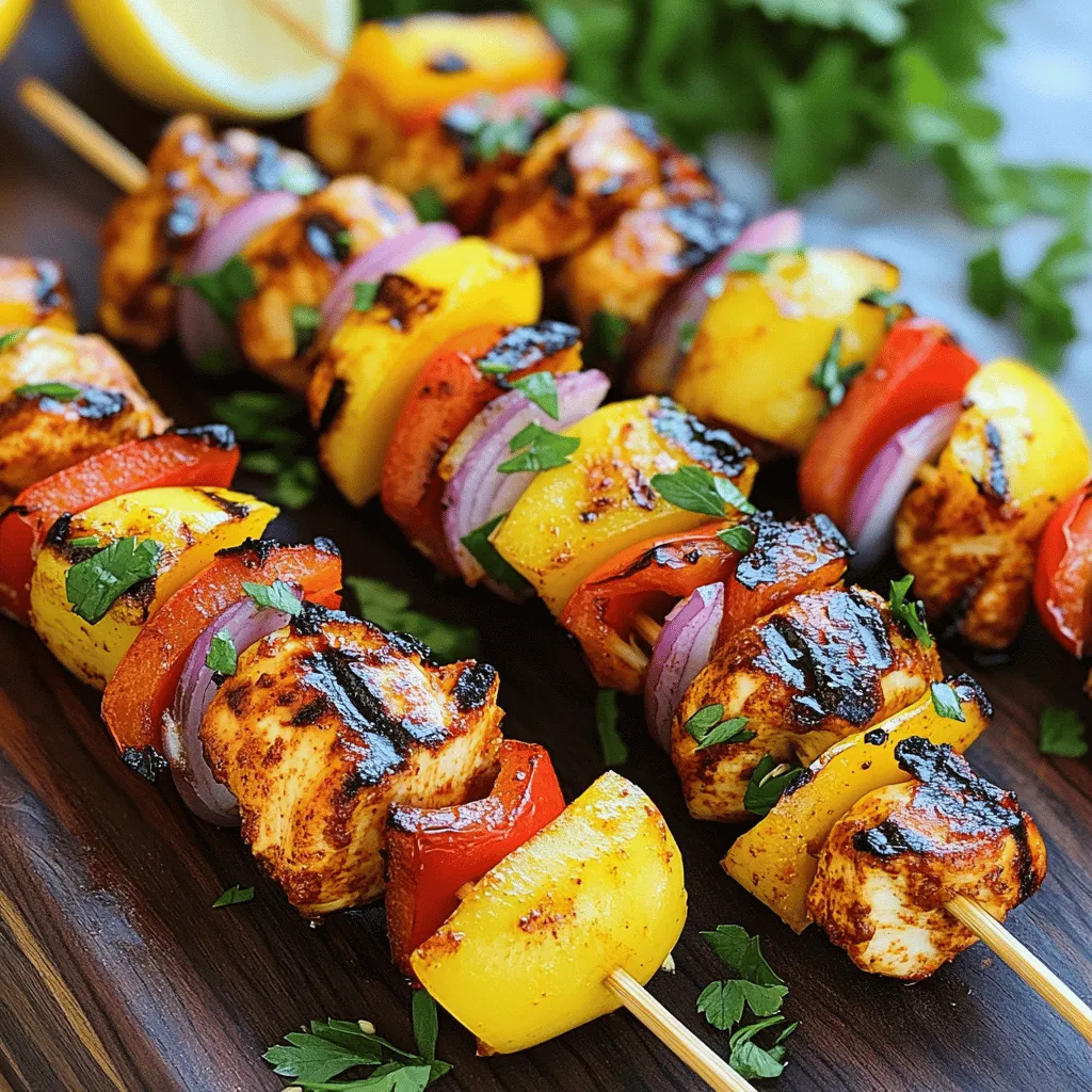 - 500g chicken breast, cut into 2-inch cubes - 2 tablespoons smoked paprika - 1 teaspoon garlic powder - 1 teaspoon onion powder - 1 teaspoon cumin - 1 teaspoon salt - ½ teaspoon black pepper - 2 tablespoons olive oil - 1 red bell pepper, cut into large chunks - 1 yellow bell pepper, cut into large chunks - 1 red onion, cut into wedges - Wooden skewers (soaked in water for 30 minutes)