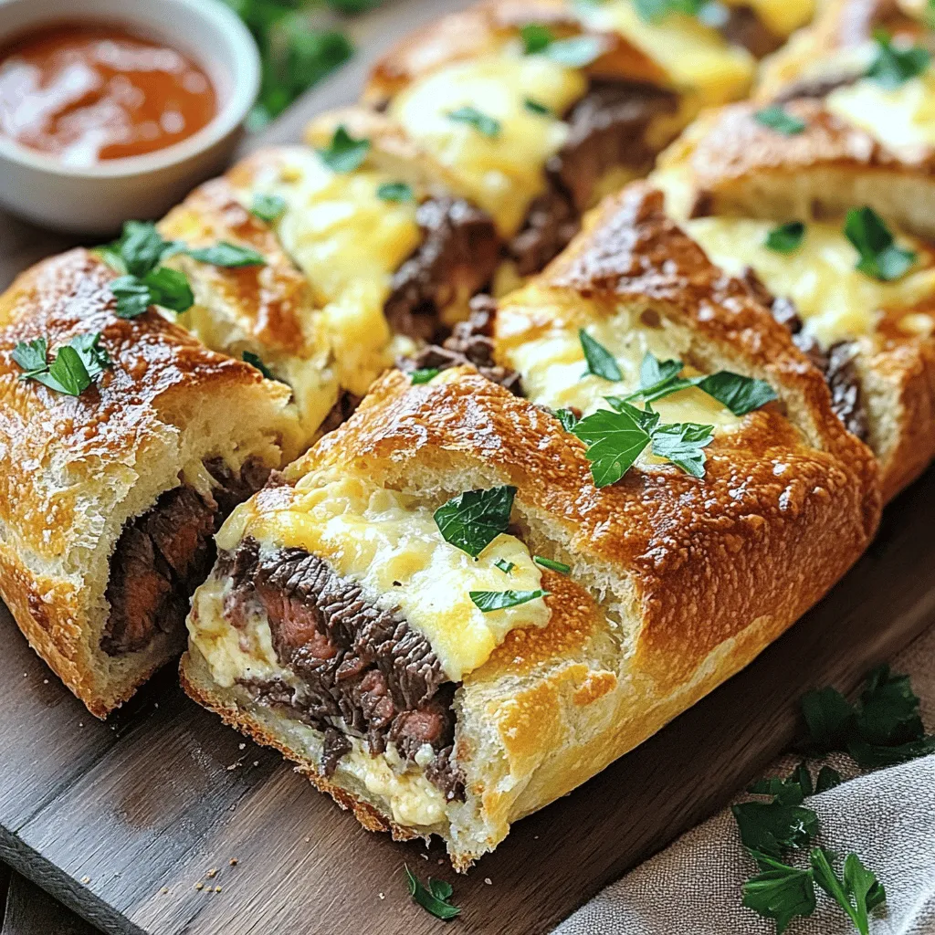 - 1 lb flank steak, thinly sliced - 4 oz cream cheese, softened - 1 cup shredded mozzarella cheese