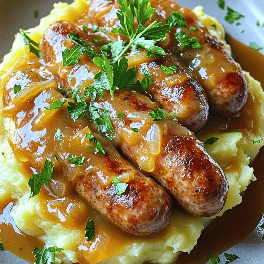 - 6 pork sausages (or preferred choice) - 4 large russet potatoes, peeled and diced - 1/2 cup milk - 2 medium onions, thinly sliced