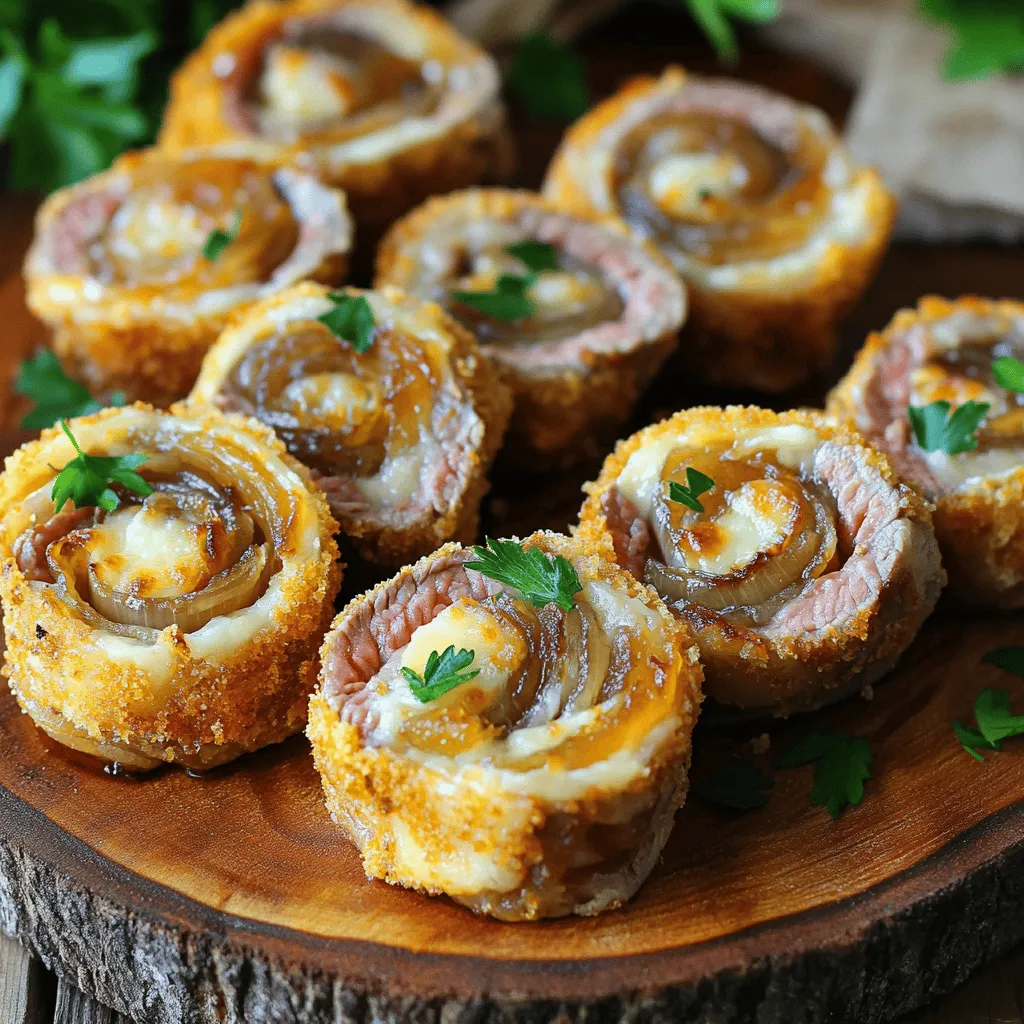 French onion steak pinwheels mix rich flavors in a fun way. They bring together savory steak, sweet caramelized onions, and rich Gruyère cheese. Each bite is a treat, making them perfect for any gathering.