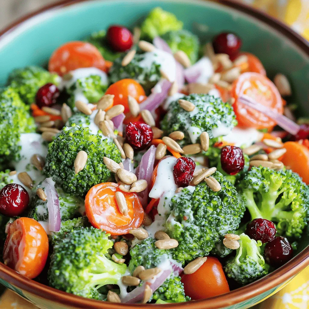 - 4 cups fresh broccoli florets - 1 cup cherry tomatoes, halved - ½ cup red onion, finely chopped - 1 cup shredded carrots - ½ cup sunflower seeds (lightly toasted) - ½ cup dried cranberries - ½ cup Greek yogurt (plain) - 2 tablespoons mayonnaise - 1 tablespoon apple cider vinegar - 1 tablespoon honey - 1 teaspoon garlic powder - Salt and pepper to taste