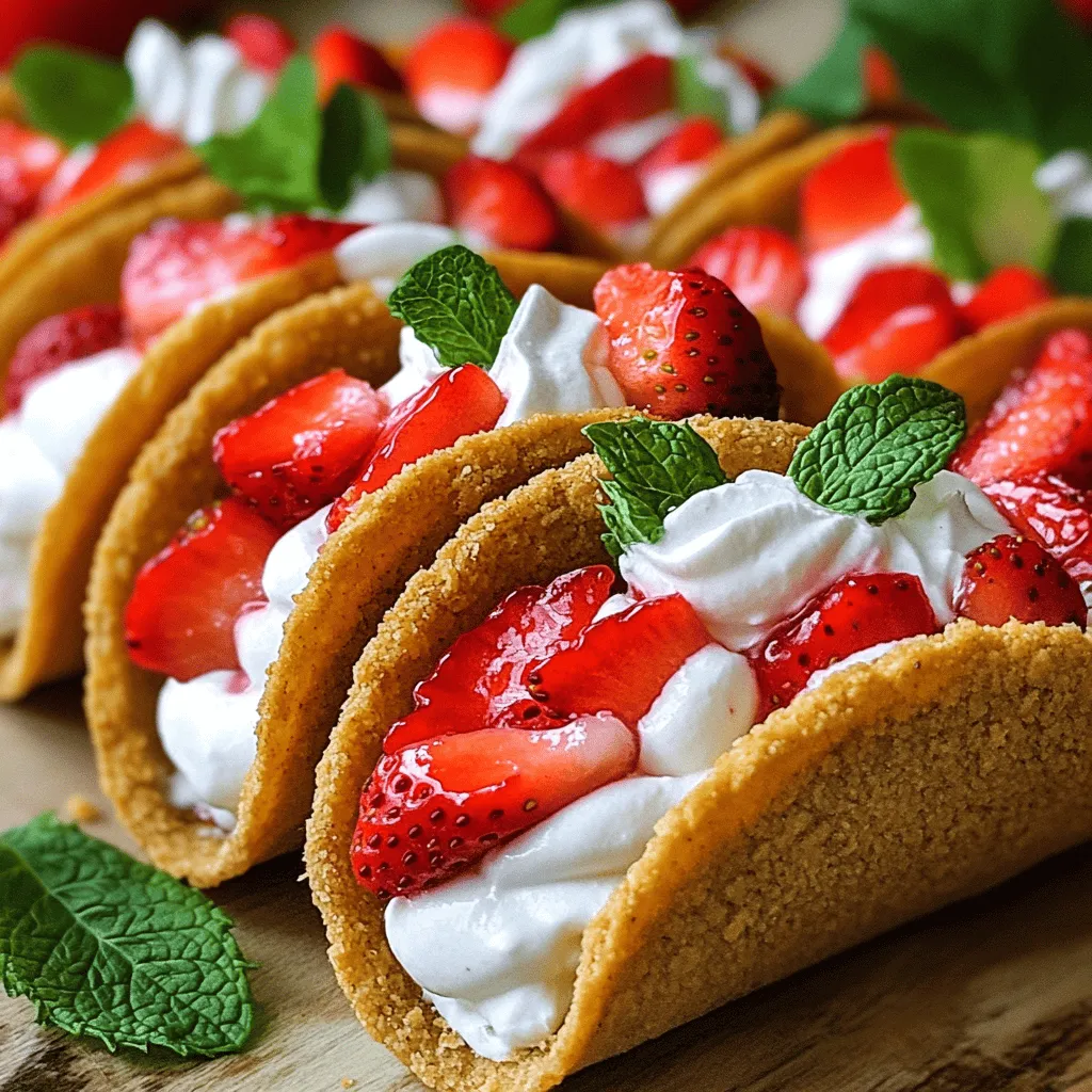 For these delightful strawberry cheesecake tacos, gather the following: - 1 cup graham cracker crumbs - 1/4 cup unsalted butter, melted - 1 cup cream cheese, softened - 1/2 cup powdered sugar - 1 teaspoon vanilla extract - 1 cup fresh strawberries, hulled and sliced - 4 small flour tortillas - 1/2 cup whipped cream - Fresh mint leaves for garnish
