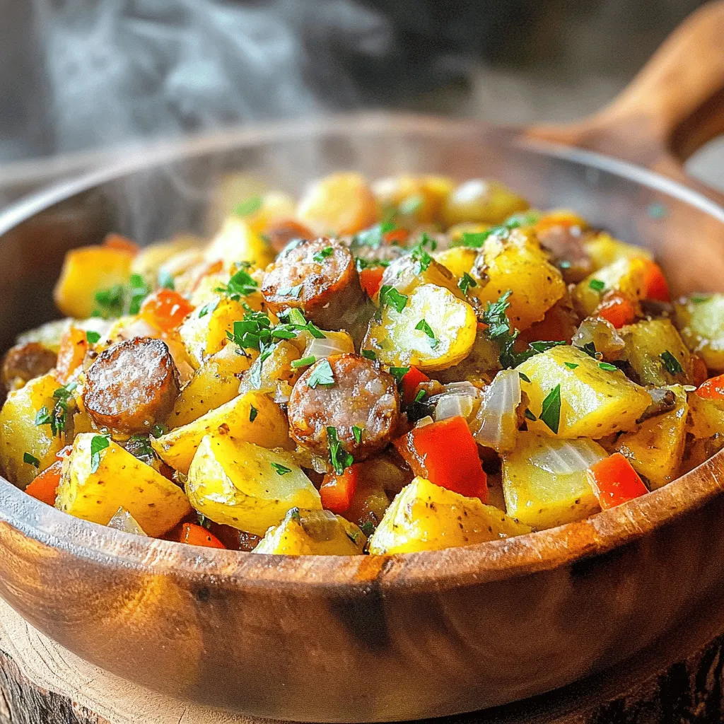 For this fried potatoes recipe, you need a few key ingredients. Start with 4 medium russet potatoes. These potatoes fry well and get nice and crispy. You will also need 1 pound of smoked Polish sausage. Cut it into half-moons for even cooking.