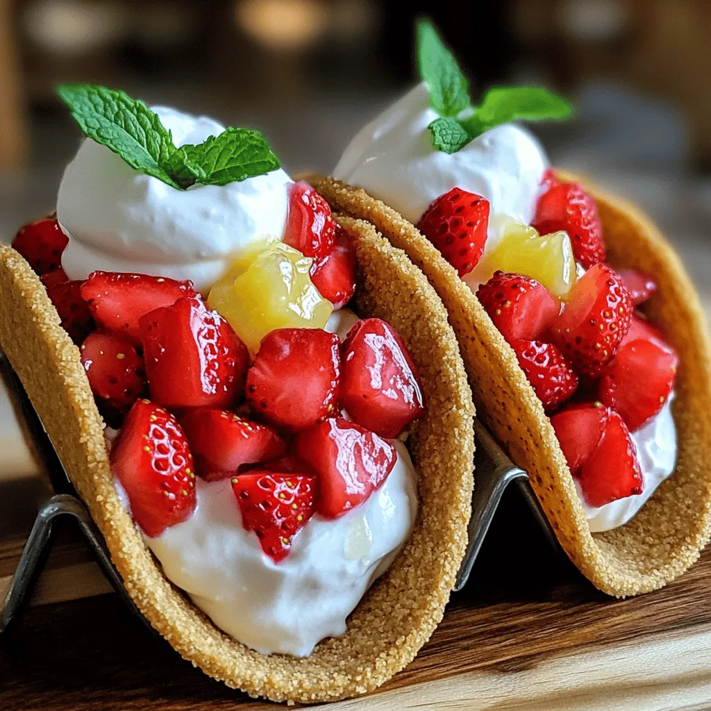 - 1 cup graham cracker crumbs - 3 tablespoons melted butter - 8 oz cream cheese, softened - 1/2 cup powdered sugar - 1 teaspoon vanilla extract - 1/2 cup heavy cream - 1 cup fresh strawberries, diced - 8 small flour tortillas - 1 tablespoon lemon juice - Whipped cream, for serving (optional) - Fresh mint leaves, for garnish (optional)