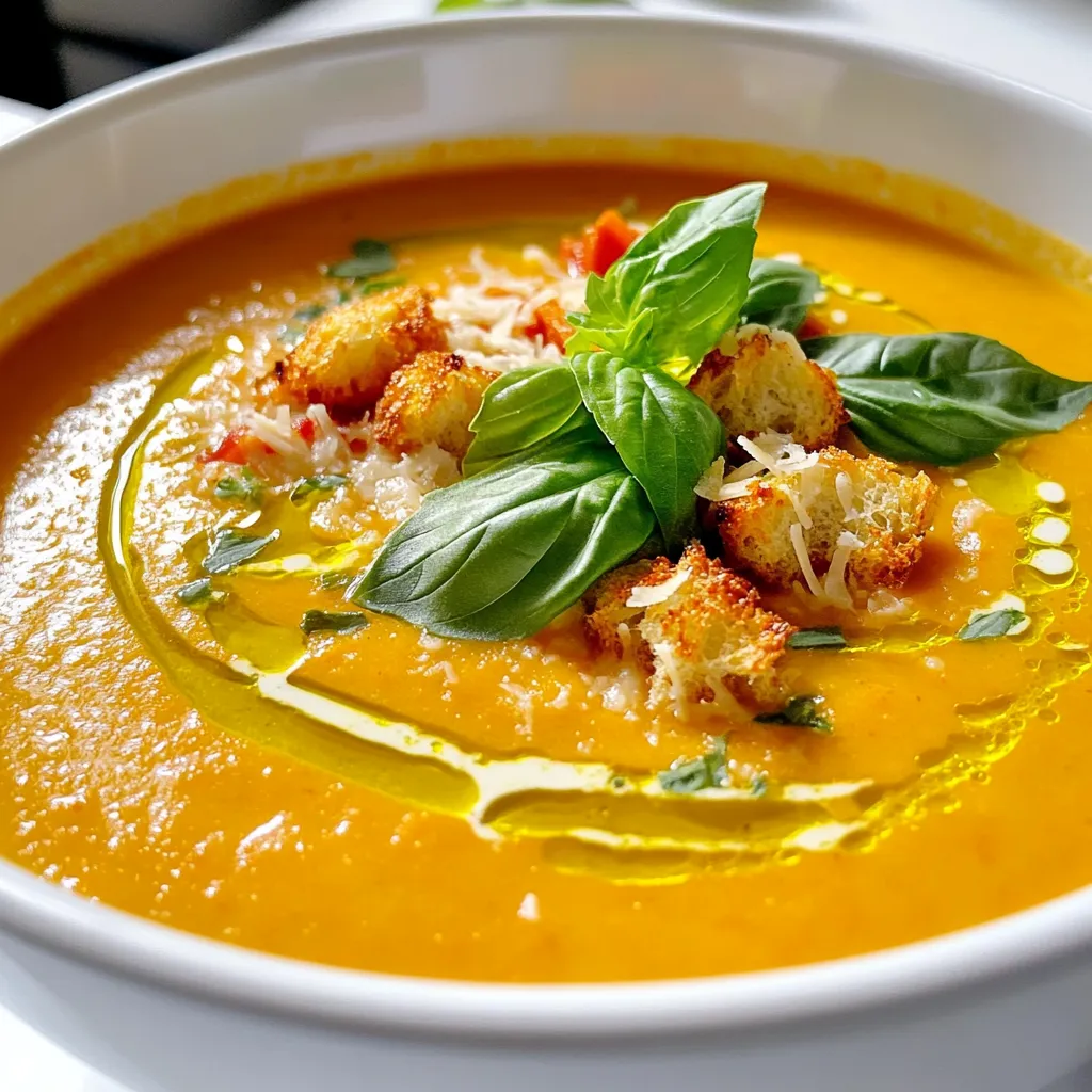 Roasted Red Pepper Soup with Parmesan Croutons Delight
