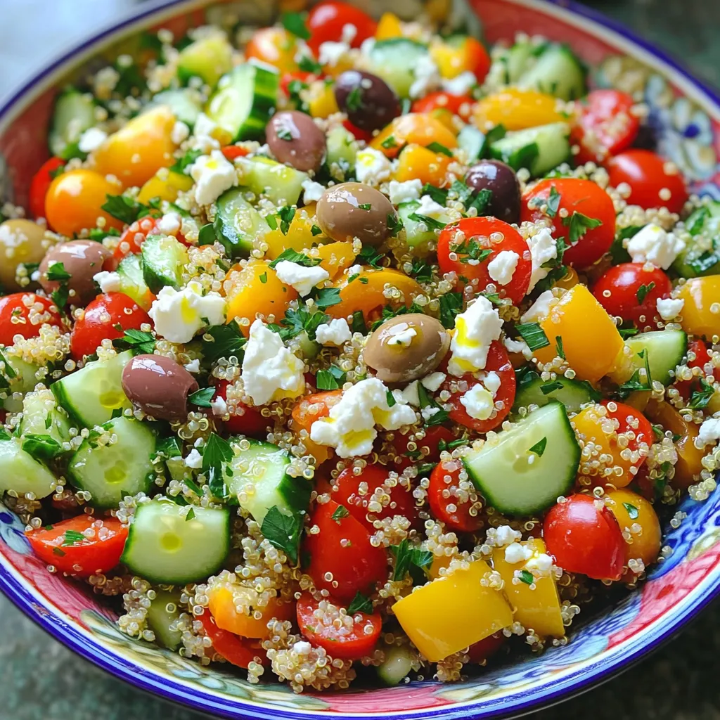 To make Greek quinoa chopped salad, you need fresh and wholesome ingredients. Start with one cup of rinsed quinoa. Quinoa is a great base packed with protein. You also need two cups of water or vegetable broth to cook the quinoa. Next, gather diced cucumbers, cherry tomatoes, and bell peppers. Each adds color and crunch.