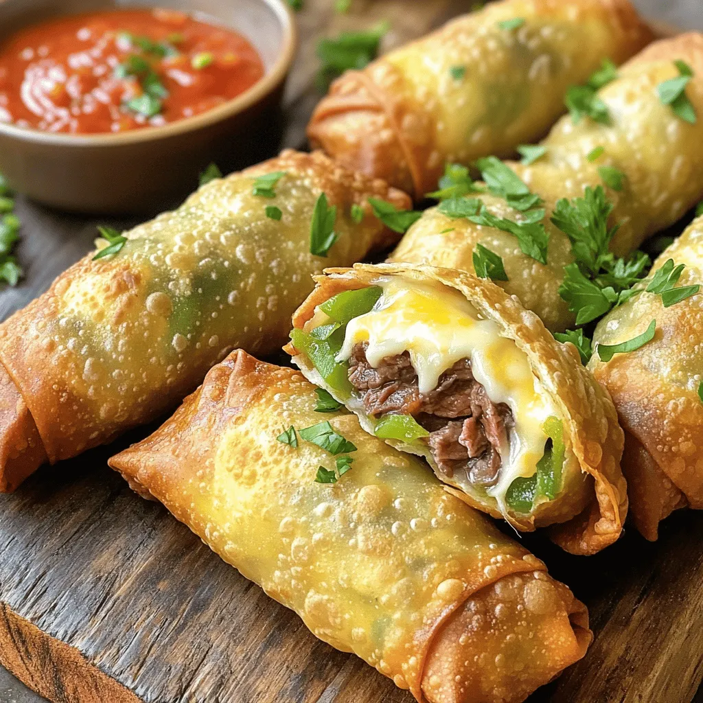 - 1 pound ribeye steak, thinly sliced - 1 cup provolone cheese, shredded - 12 egg roll wrappers