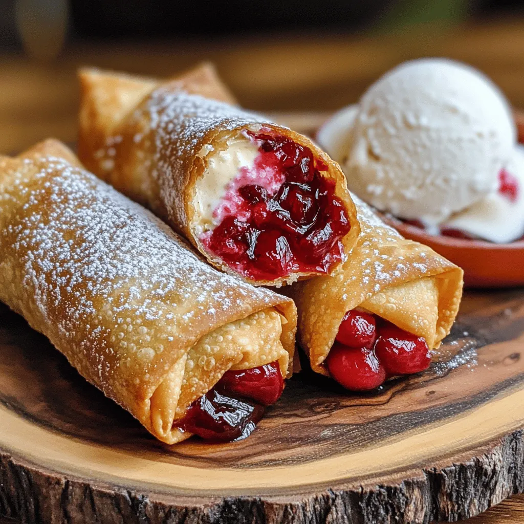 Making cherry cheesecake egg rolls is easy and fun. First, gather your ingredients. You need eight egg roll wrappers, one cup of softened cream cheese, half a cup of powdered sugar, one teaspoon of vanilla extract, and one cup of cherry pie filling. You will also need one beaten egg for sealing and oil for frying. For a sweet touch, have extra powdered sugar ready for dusting.