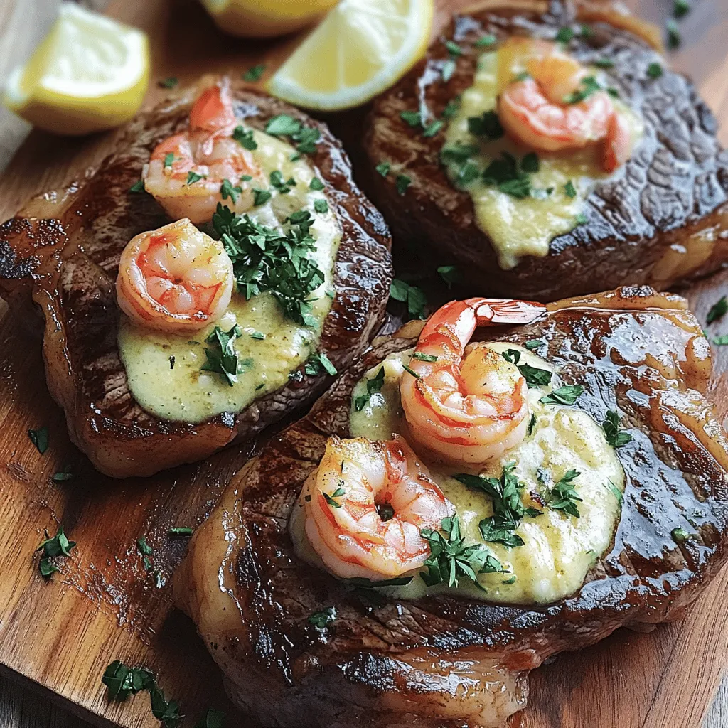 - 2 ribeye steaks (about 1 inch thick) - 8 large shrimp, peeled and deveined - 4 tablespoons unsalted butter - 4 cloves garlic, minced - 1 teaspoon fresh thyme leaves - 1 teaspoon fresh rosemary, chopped