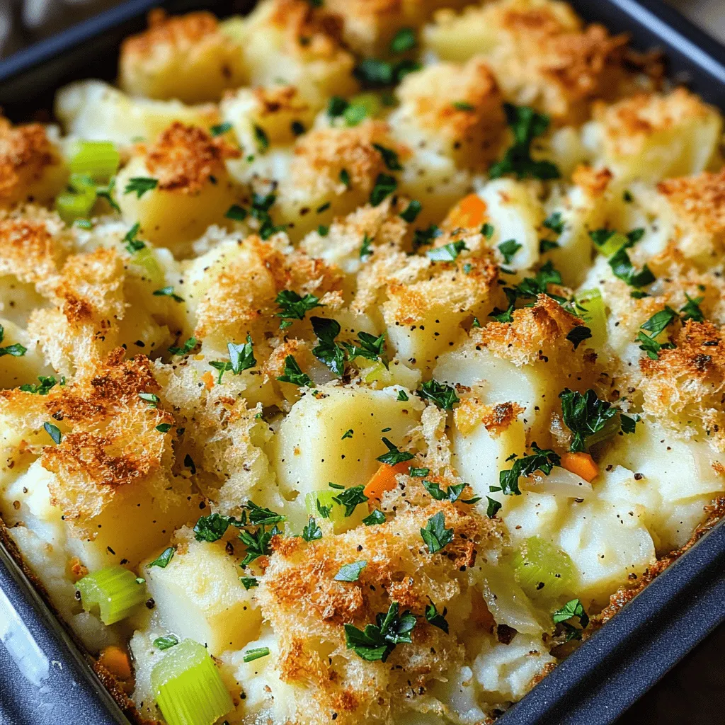 Amish potato stuffing uses simple, fresh ingredients. This recipe highlights the goodness of potatoes, bread, and herbs.