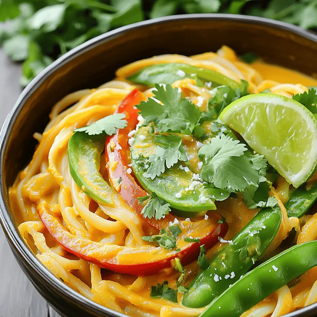 The Savory Coconut Curry Noodles rely on fresh produce and spices to shine. The main ingredients are rice noodles and coconut milk. Rice noodles give a nice texture, while coconut milk adds creaminess.