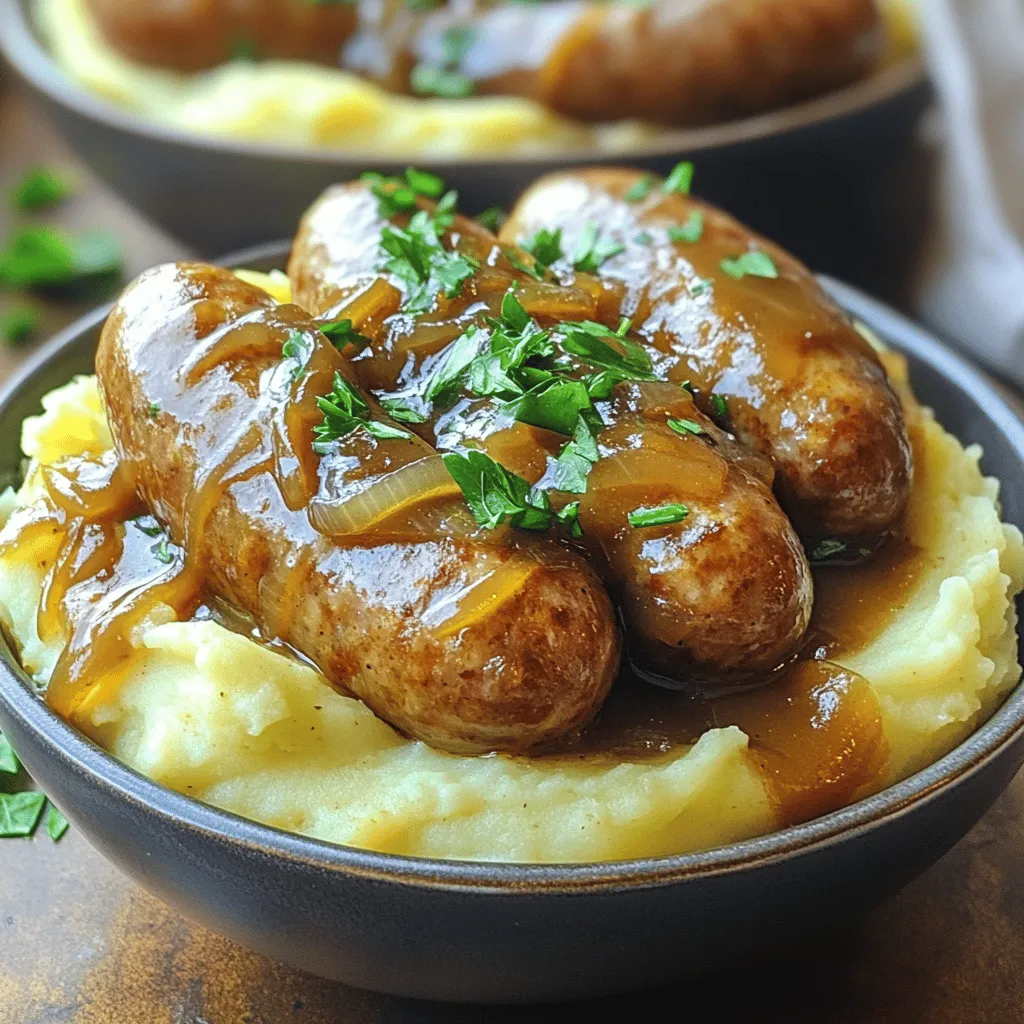 For a great easy bangers and mash recipe, you need simple ingredients. First, choose your sausages. I like pork, but chicken or plant-based work too. You will need about 4 sausages for four servings. Next, let