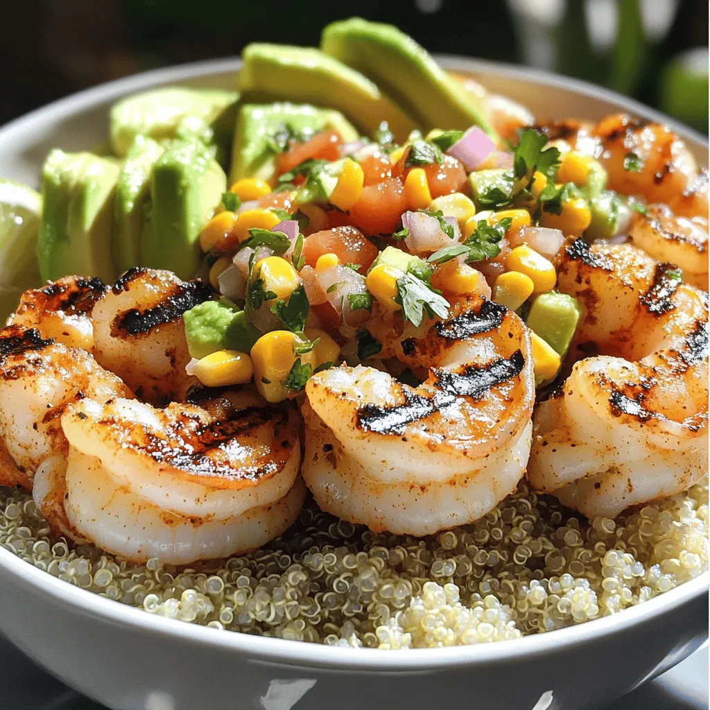- 1 lb large shrimp, peeled and deveined - 2 tablespoons olive oil - 1 teaspoon smoked paprika - 1 teaspoon garlic powder - Salt and pepper to taste - 1 cup cooked quinoa (or rice) - 1 ripe avocado, diced - 1 cup sweet corn (fresh, frozen, or canned) - 1 small red onion, finely chopped - 1 medium tomato, diced - 1 jalapeño, deseeded and minced (optional) - 2 tablespoons cilantro, chopped - 2 tablespoons lime juice