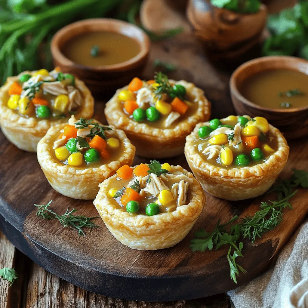 To make Mini Chicken Pot Pie Muffins, gather these items: - 2 cups cooked chicken, shredded - 1 cup frozen mixed vegetables (peas, carrots, corn) - 1 cup chicken broth - ½ cup heavy cream - 1 teaspoon dried thyme - 1 teaspoon garlic powder - 1 teaspoon onion powder - Salt and pepper to taste - 1 package (1.5 cups) refrigerated pie crusts (or homemade) - 1 egg, beaten (for egg wash)