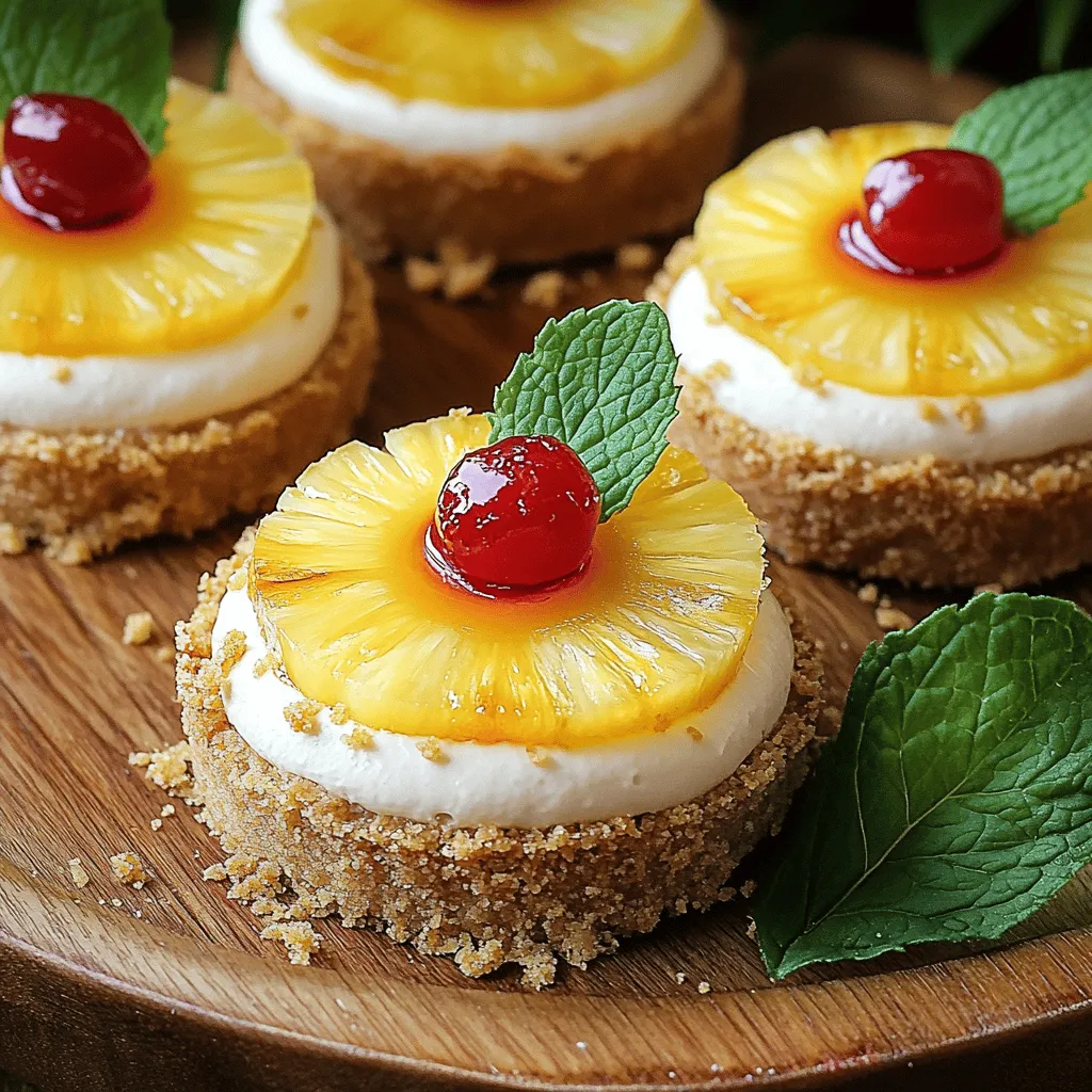 - 1 cup crushed graham crackers - 1/4 cup unsalted butter, melted - 8 oz cream cheese, softened - 1/2 cup powdered sugar - 1 teaspoon vanilla extract - 1/2 cup sour cream - 1 can (8 oz) pineapple slices in juice, drained - Maraschino cherries for garnish - 1/2 teaspoon ground cinnamon