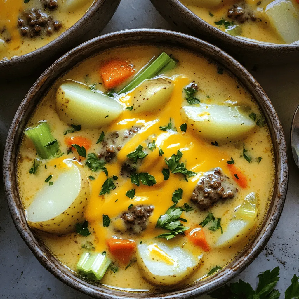 For a creamy cheeseburger soup, you need simple, fresh ingredients. The heart of the soup is ground beef. I recommend using lean ground beef for the best flavor and texture. You also need a medium onion, diced, and two cloves of minced garlic. These add great depth to the soup.