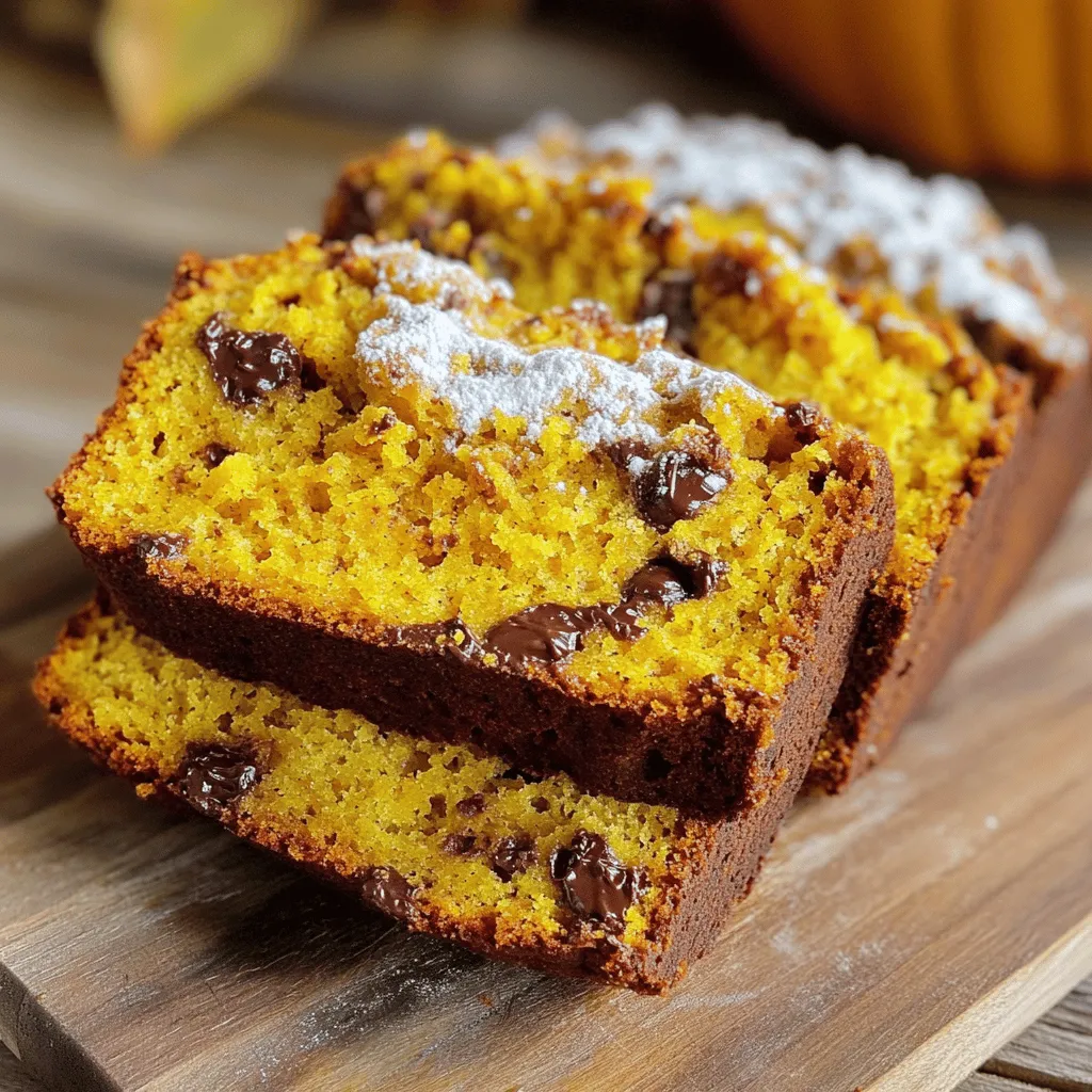To make pumpkin chocolate chip bread, you need a few key ingredients. First, use 1 cup of canned pumpkin puree. This adds moisture and flavor. Next, you will need 1/2 cup of vegetable oil for richness. You also need 1 cup of brown sugar and 1/2 cup of granulated sugar to sweeten the bread. Three large eggs help bind everything together. For the dry mix, use 2 cups of all-purpose flour, 1 teaspoon of baking soda, and 1/2 teaspoon of baking powder. Spices like 1 teaspoon of ground cinnamon, 1/2 teaspoon of nutmeg, and 1/4 teaspoon of ginger give warmth. Finally, add 1/2 teaspoon of salt and 1 cup of semi-sweet chocolate chips for that delightful sweet touch.
