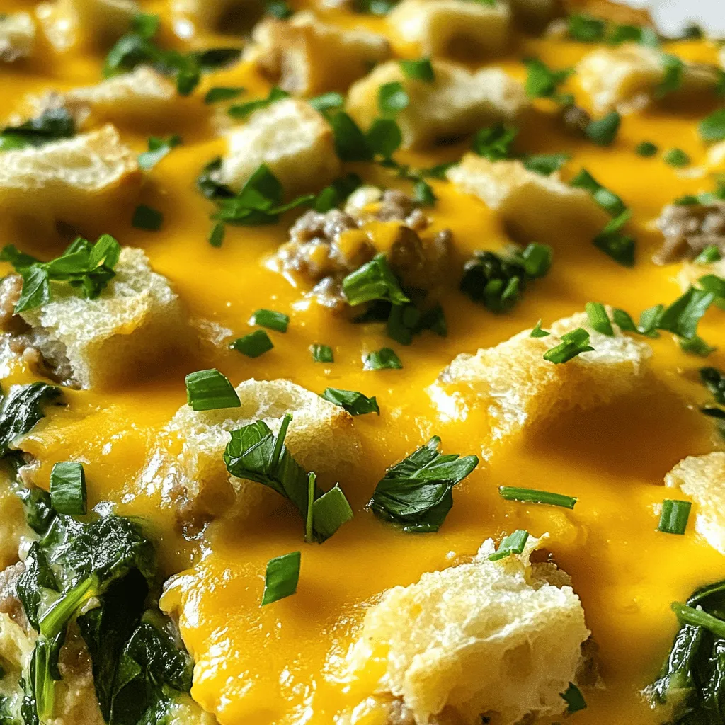 - 1 pound breakfast sausage (your choice: pork, turkey, or plant-based) - 6 large eggs - 1 cup milk - 3 cups day-old bread, cubed