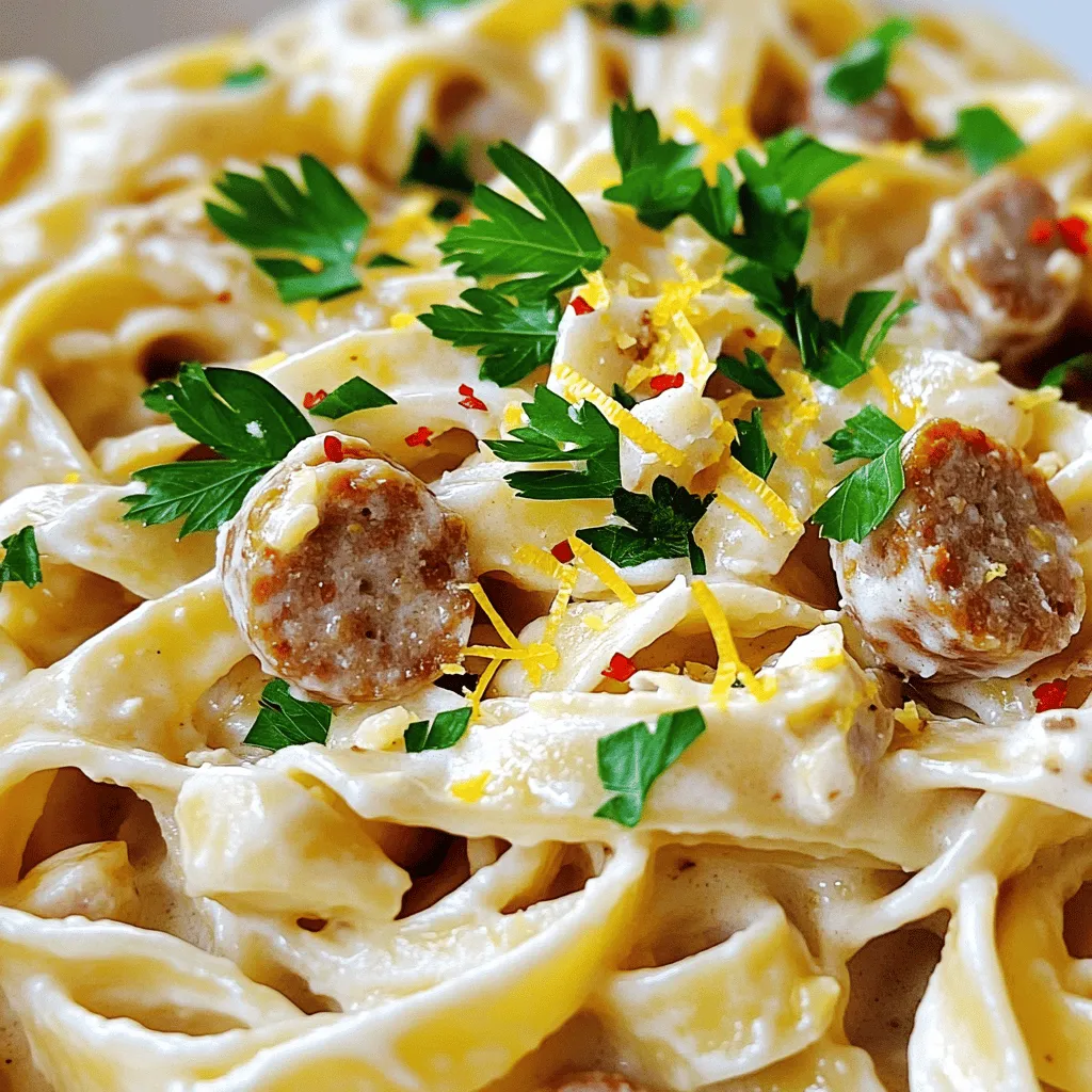 - 300g fettuccine pasta - 200g Italian sausage, removed from casings - 2 tablespoons olive oil - 3 cloves garlic, minced - 1 cup heavy cream - 1 cup freshly grated Parmesan cheese - Salt and black pepper to taste - 1/4 teaspoon crushed red pepper flakes (optional) - Fresh parsley, chopped (for garnish) - Zest of 1 lemon (for added brightness)