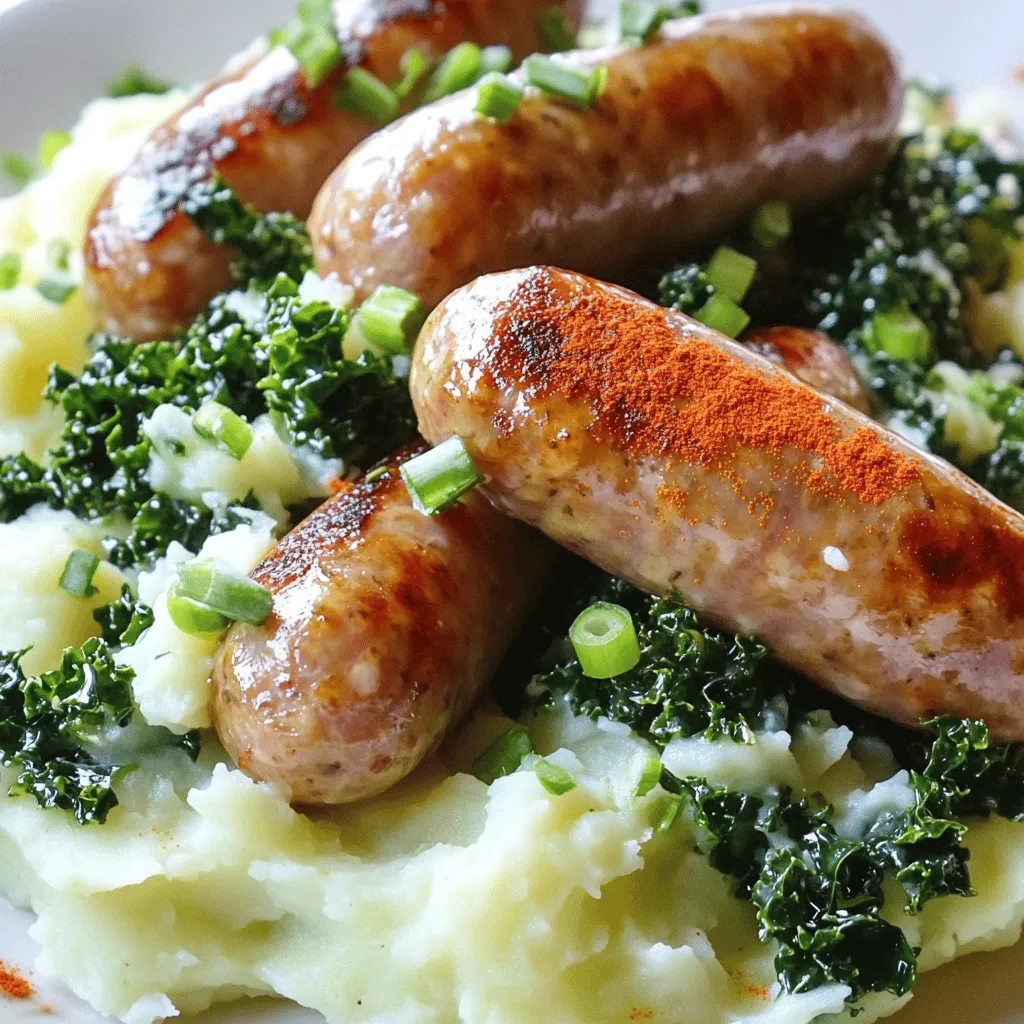 - 8 Irish bangers (pork sausages) - 4 large potatoes, peeled and cubed - 1 cup kale or cabbage, finely chopped - 1/2 cup green onions, chopped - 1/2 cup milk - 4 tablespoons unsalted butter - Salt and pepper to taste - 1 tablespoon olive oil - Optional: A sprinkle of paprika for garnish